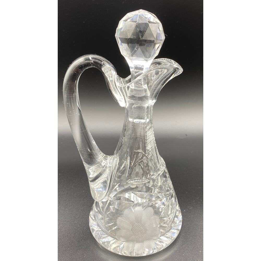 VTG American Brilliant Cruet Etched Cut Glass Floral oil vinegar crystal stopper